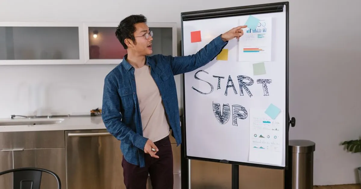 Man presenting a startup plan on a whiteboard in a modern office setting.