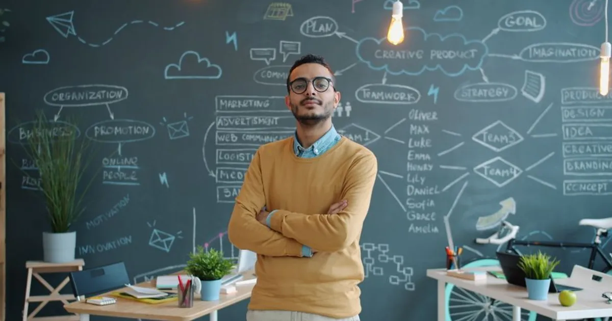 Entrepreneur standing confidently in a modern office with a creative chalkboard background.